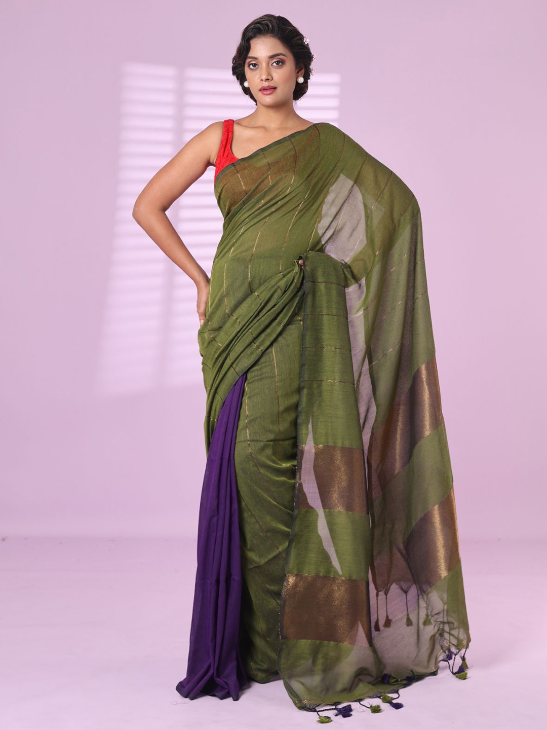 

Charukriti Striped Zari Pure Cotton Half and Half Saree, Green