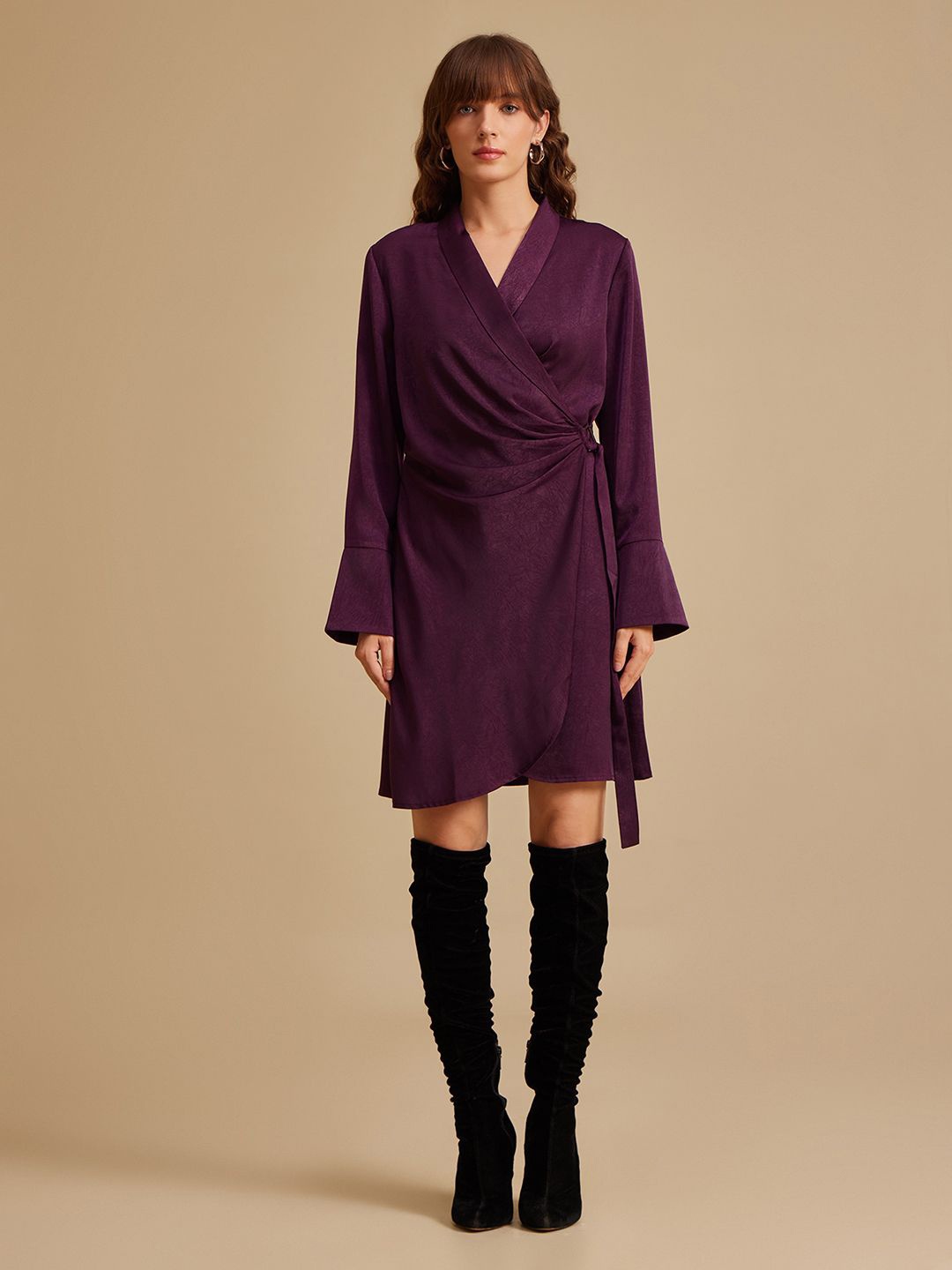 

Kazo V-Neck Belted wrap mini Dress, Purple