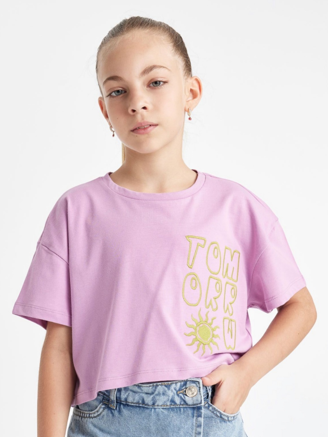 

DeFacto Girls Typography Printed Round Neck Cotton T-shirt, Pink