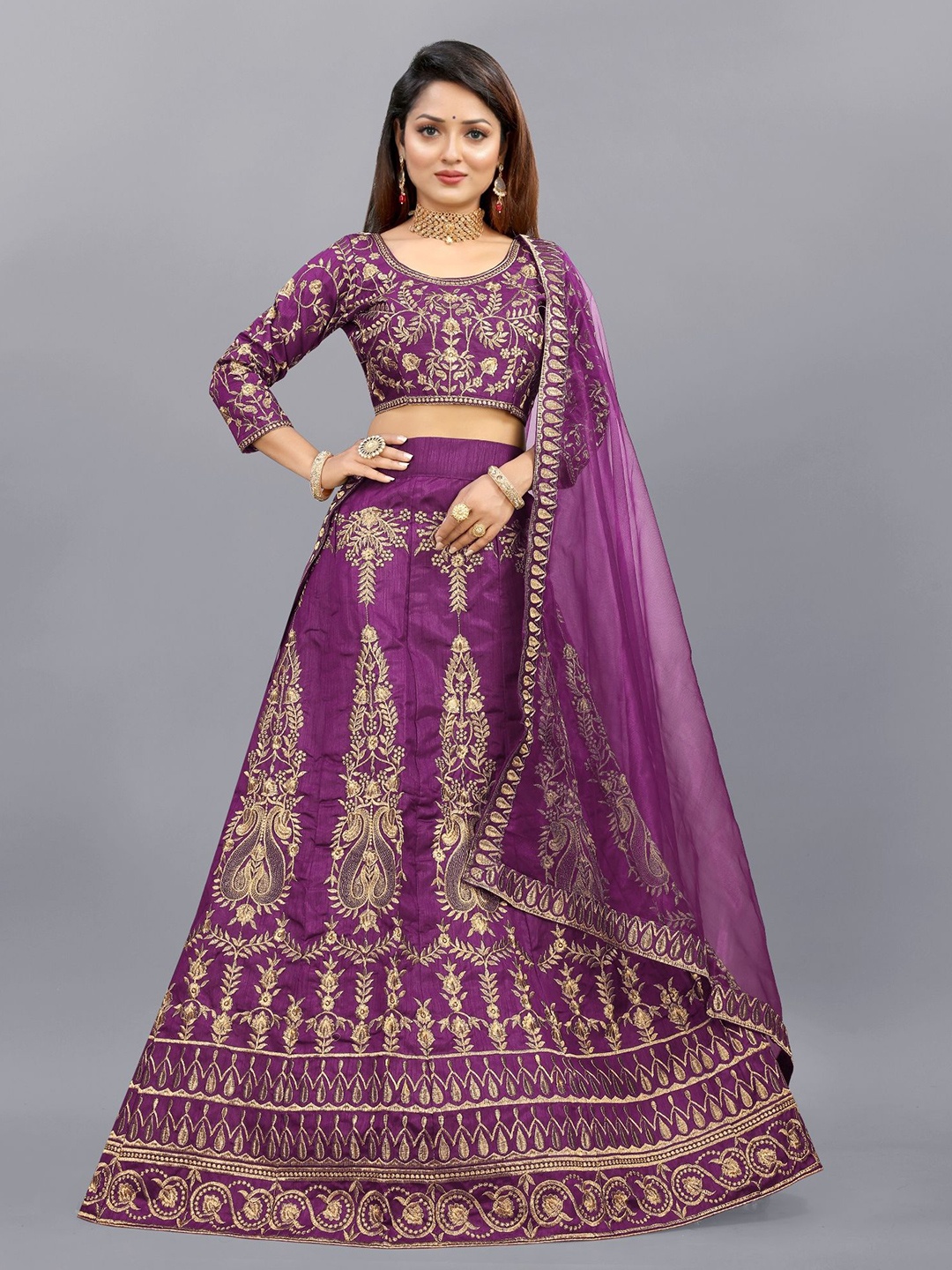 

APNISHA Embroidered Semi-Stitched Lehenga & Unstitched Blouse With Dupatta, Purple
