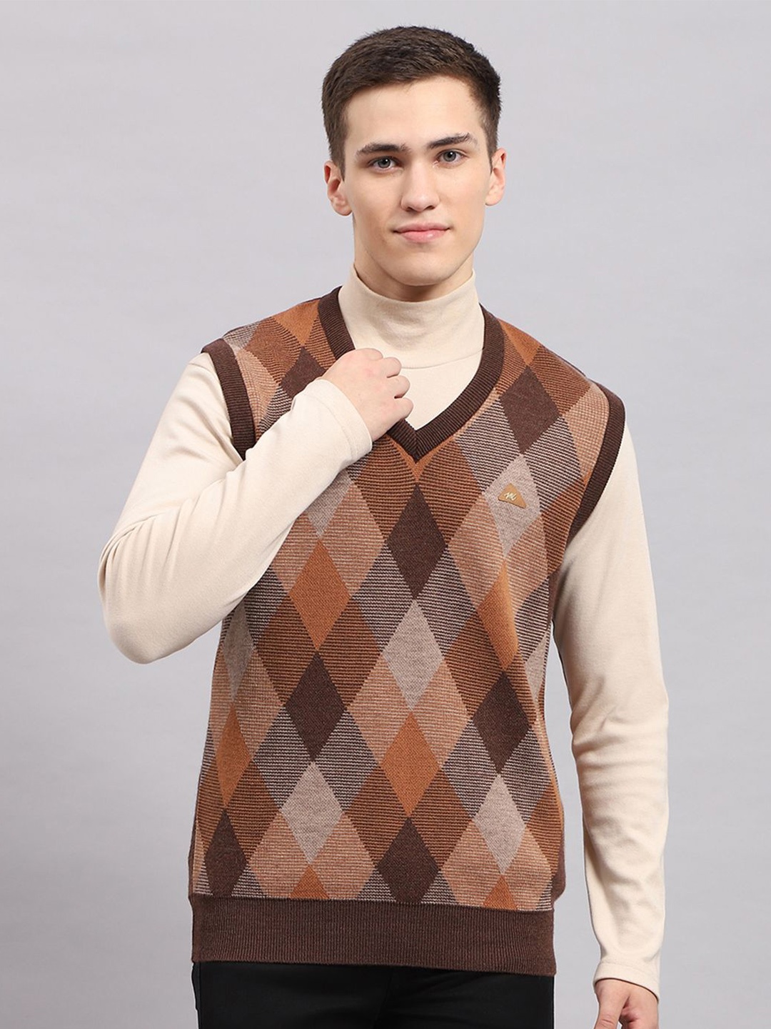 

Monte Carlo Men Checked Woollen Pullover, Brown