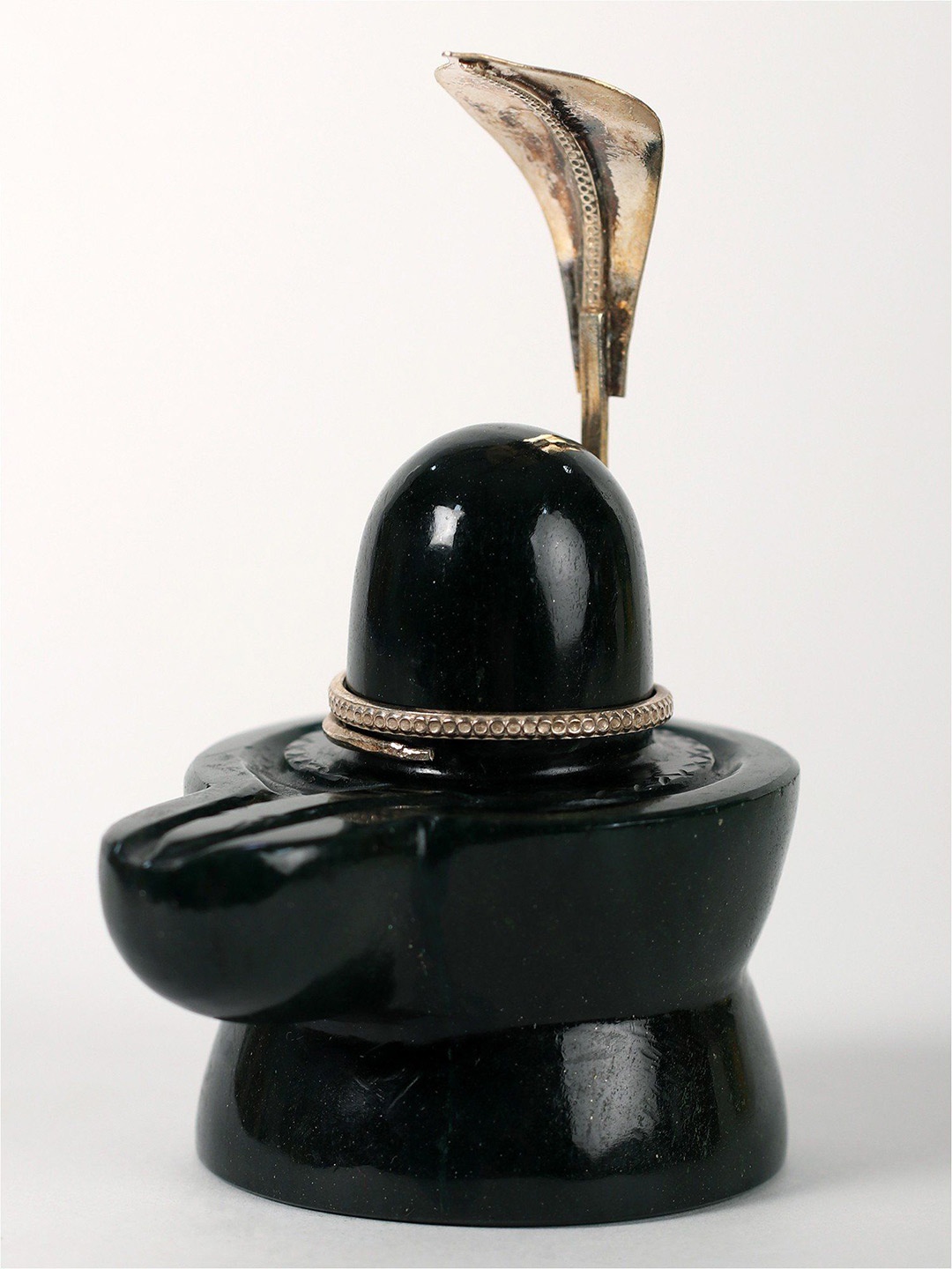 

Exotic India 4" Small Natural Gemstone Shivling with Brass Snake Head, Black