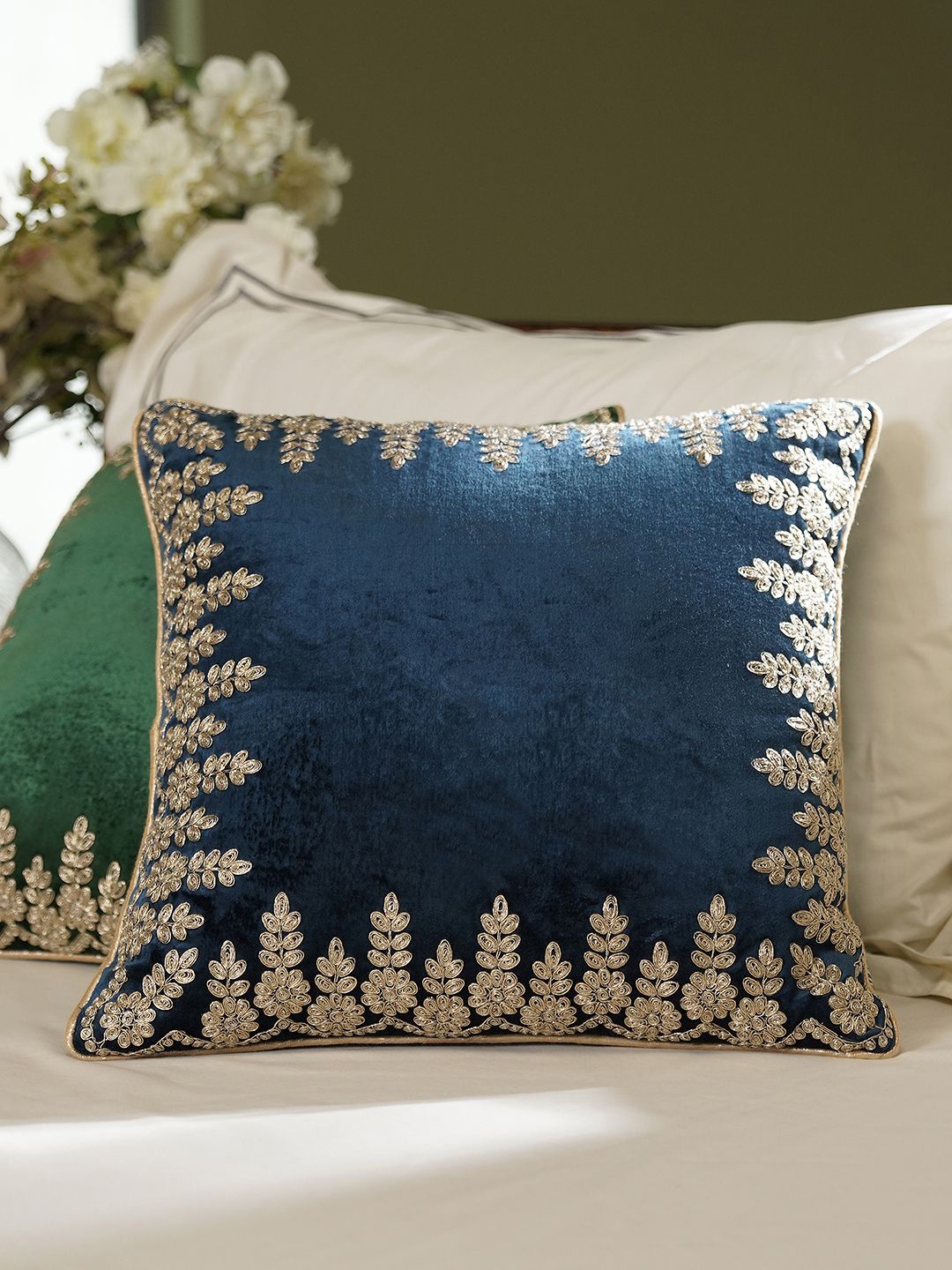 

Pure Home and Living Blue & Green Floral Embroidered Zari Velvet Square Cushion Covers