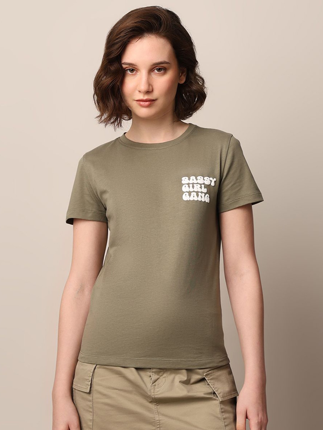 

ONLY Women Typography Printed Round Neck Cotton T-shirt, Olive