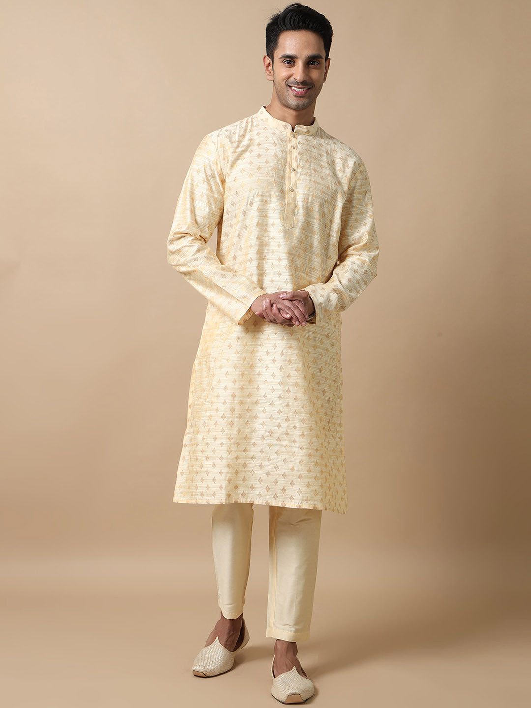 

FILORI Ethnic Motifs Woven Design Mandarin Collar Regular Kurta With Pyjama, Cream
