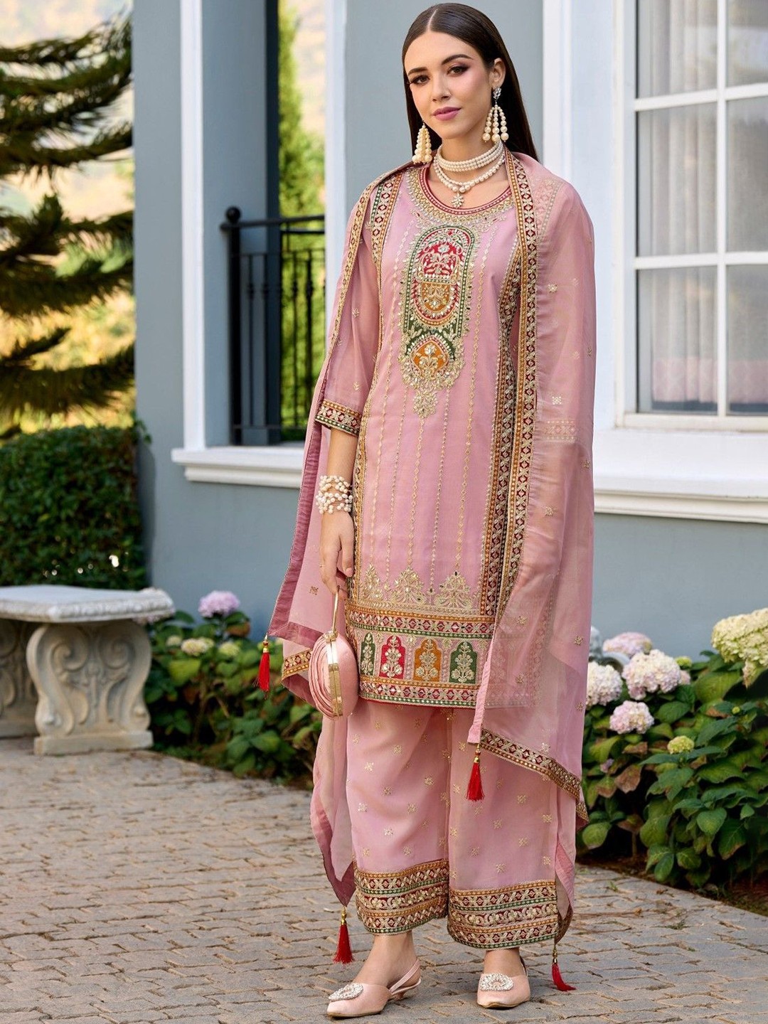 

AUTUMN LANE Floral Embroidered Thread Work Organza Straight Kurta With Palazzos & Dupatta, Pink