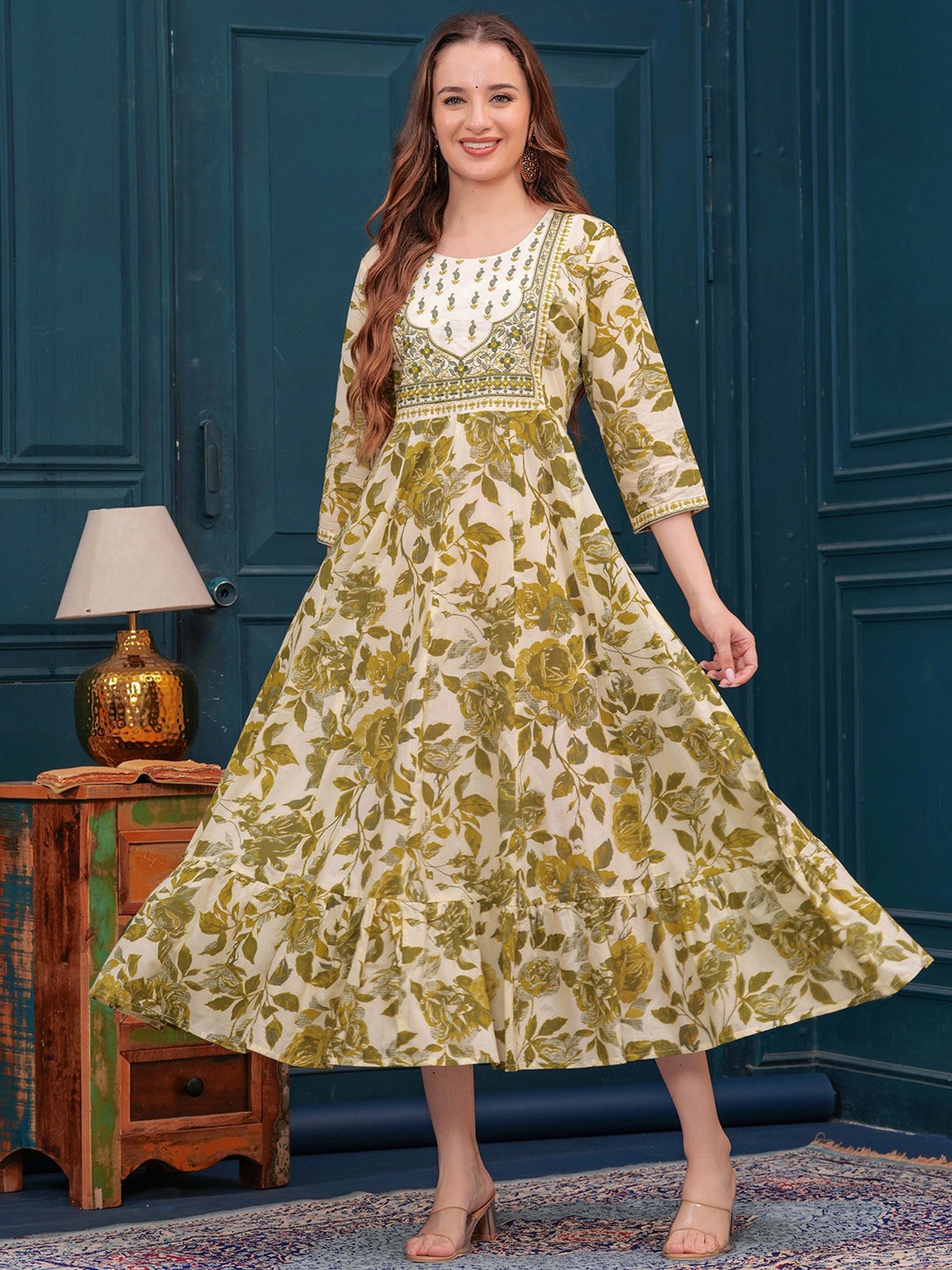 

FASHION DEPTH Floral Printed Mirror Work Pure Cotton Tiered Anarkali Kurta, Sea green