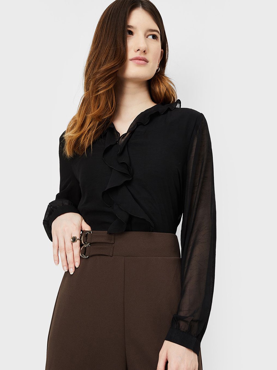 

max Women Solid Tie-Up Neck Top, Black