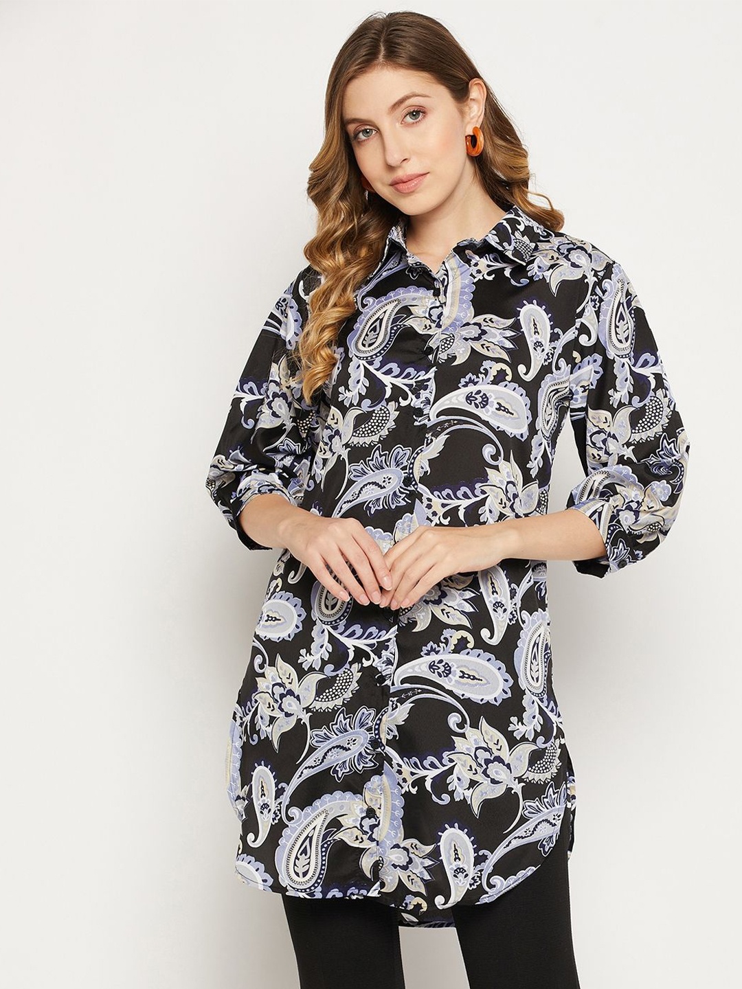 

Murcia Women Spread Collar Floral Printed Crepe Casual Shirt, Black