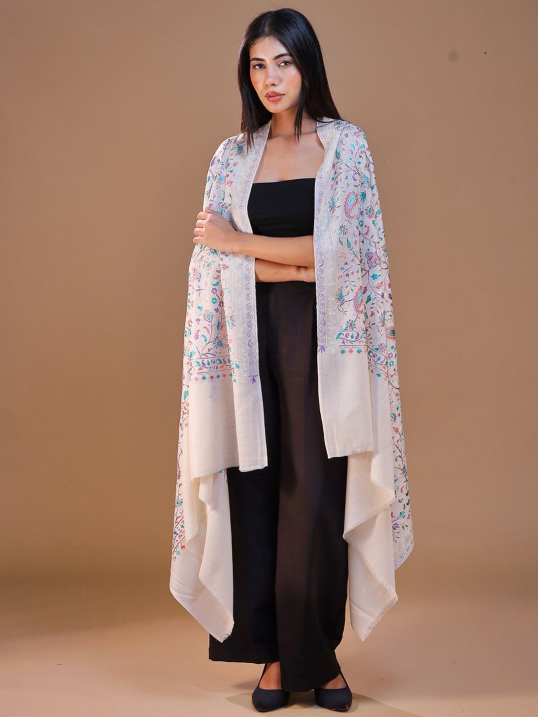 

SWI Stylish Women Ethnic Motifs Embroidered Shawl, White