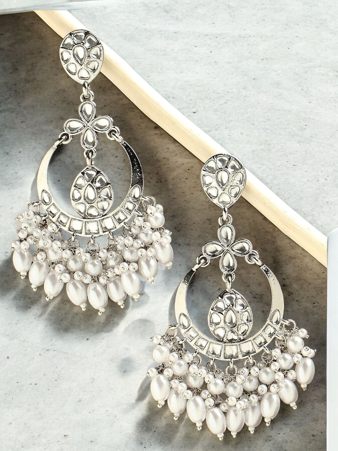 

House of Pataudi Kundan Stone Studded & Beaded Chandbali Drop Earring, Silver