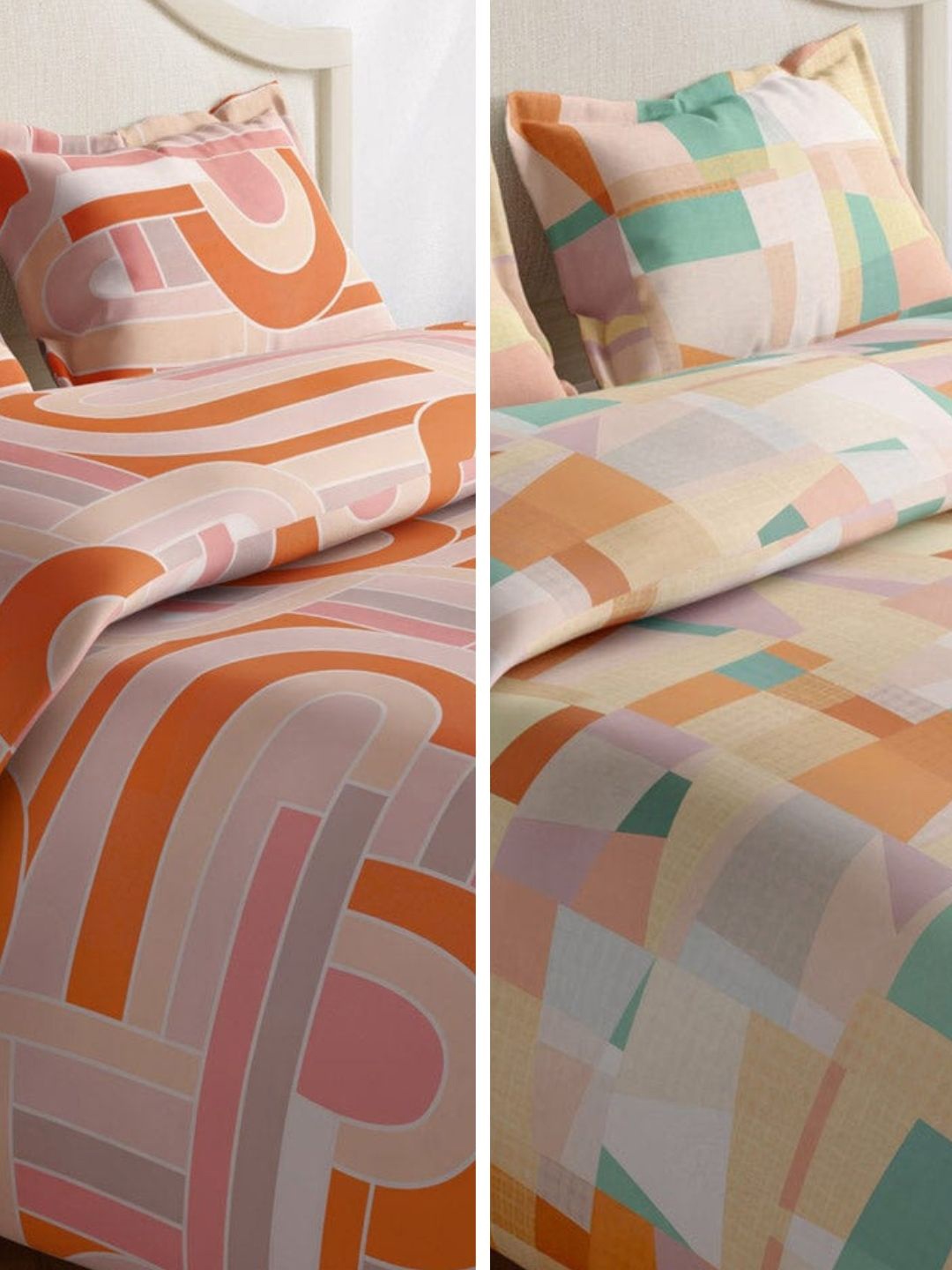 

haus & kinder Green & Orange Pure Cotton 144 TC 2 King Bedsheet With 4 Pillow Covers