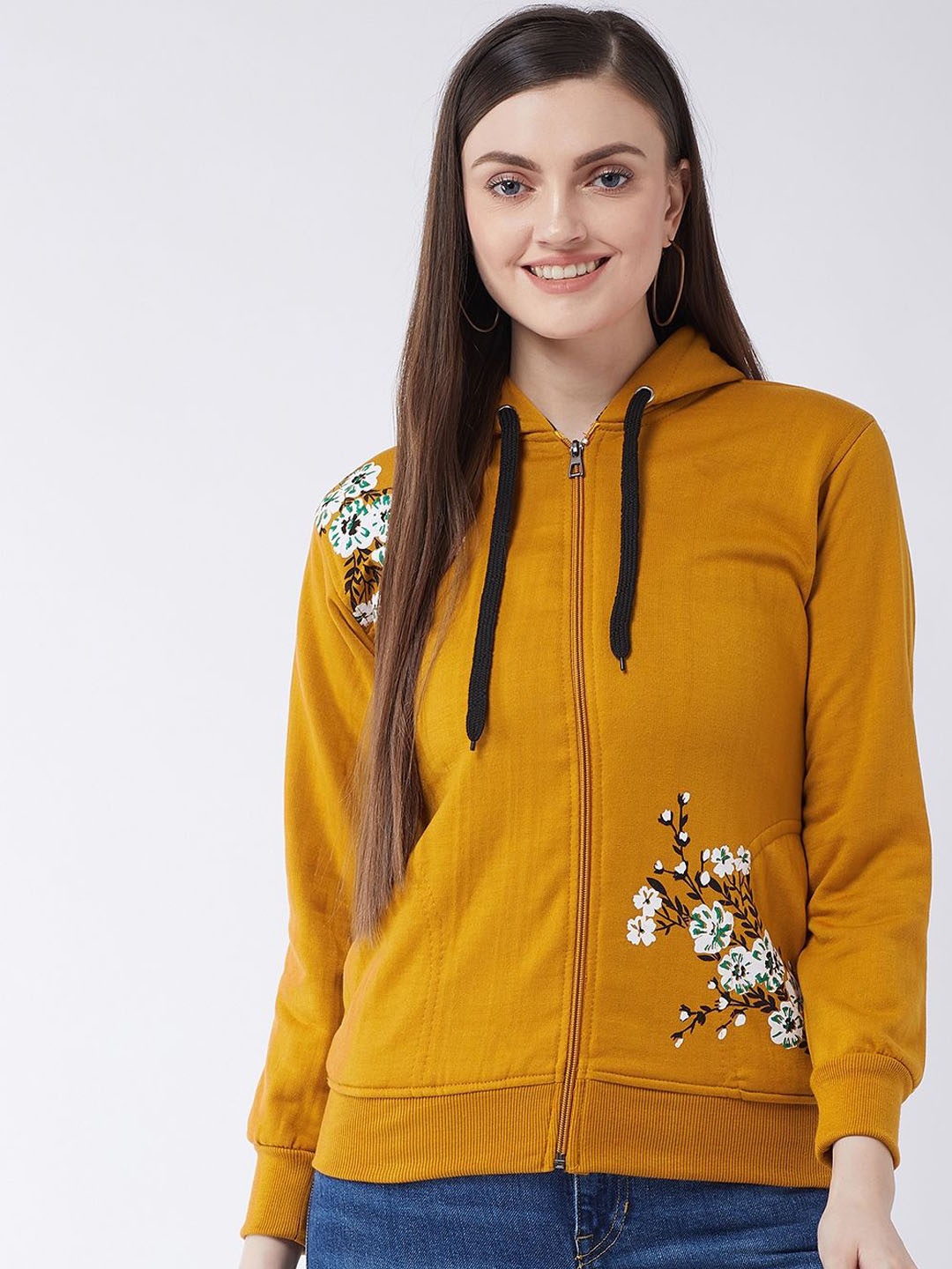 

PIVL Women Floral Printed Windcheater Hooded Jacket, Mustard