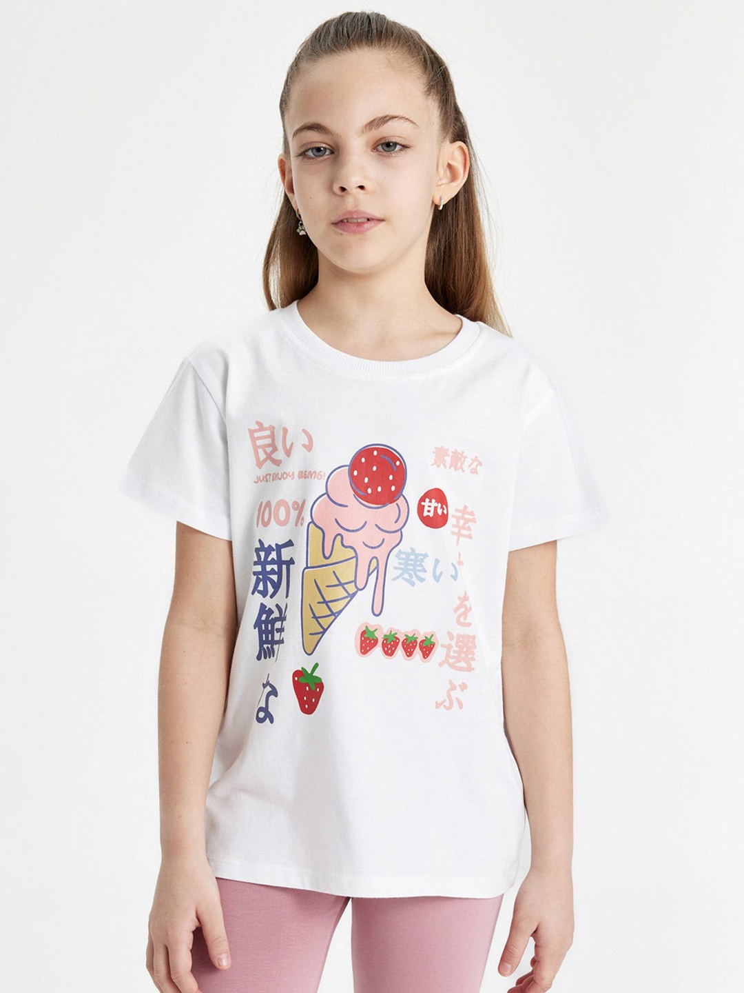

DeFacto Girls Graphic Printed Round Neck Cotton T-shirt, White