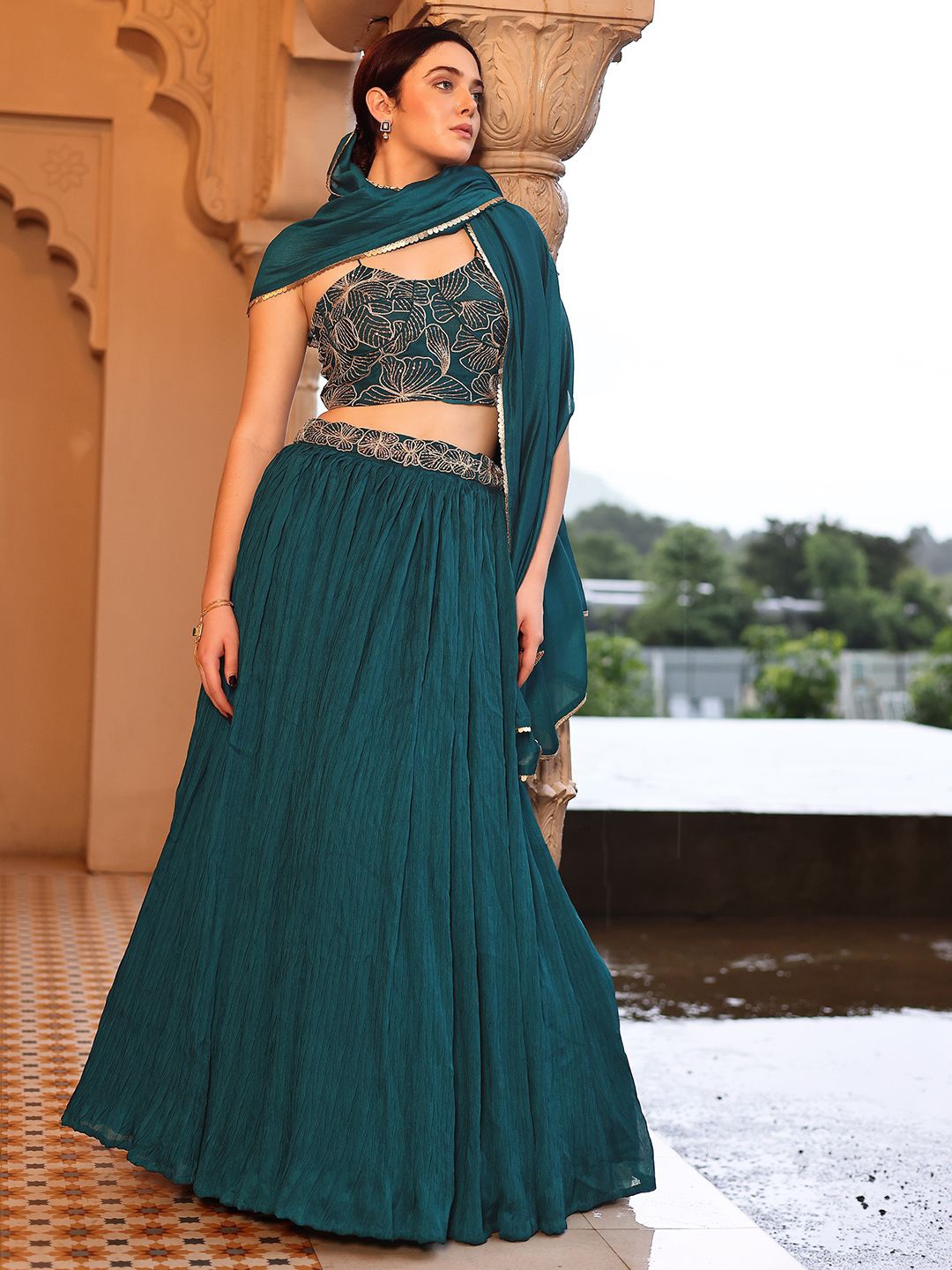 

PURVAJA Embroidered Sequinned Ready to Wear Lehenga & Unstitched Blouse With Dupatta, Teal