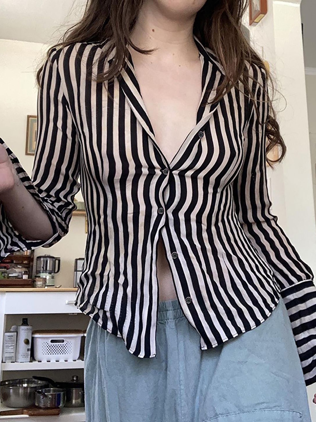 

StyleCast x Revolte Women Striped Shirt Style Top, Black