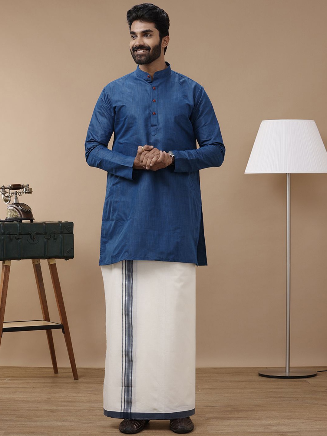 

Ramraj Mandarin Collar Long Sleeves Pure Cotton Straight Kurta With Kora Double Dhoti, Blue