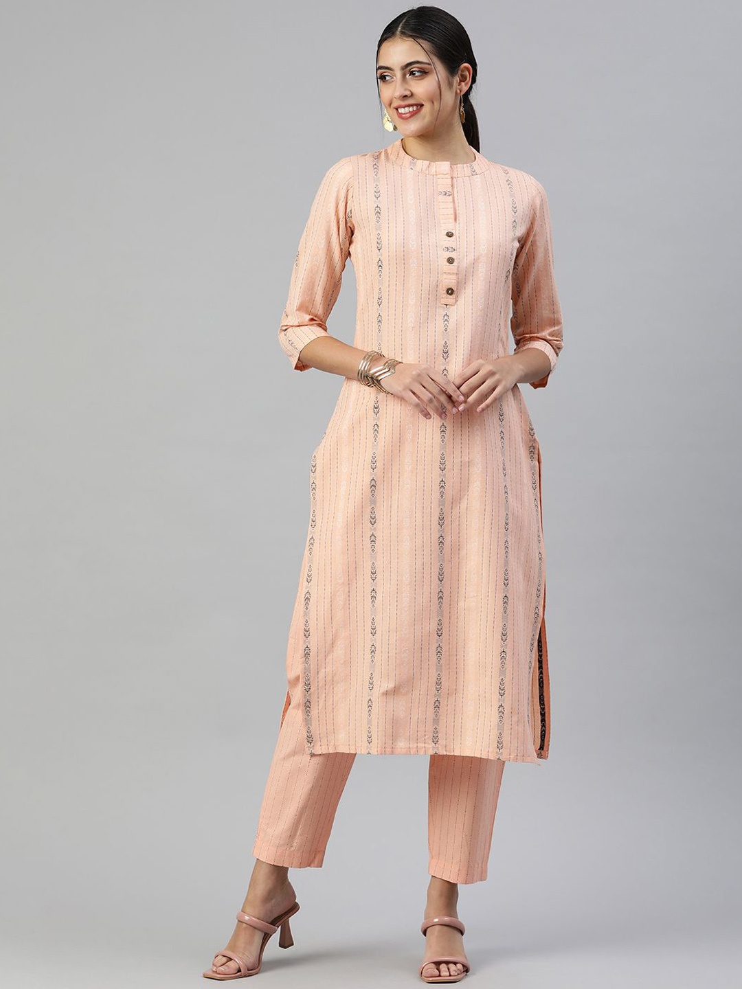 

KALINI Striped Embroidered Thread Work Kurta with Trouser, Peach