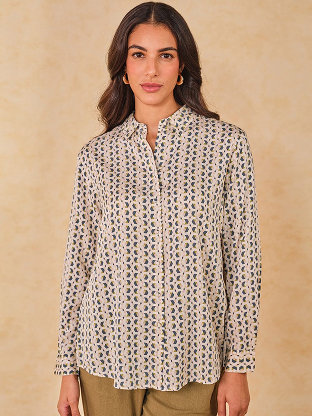 

AND Women Printed Mandarin Collar Top, Beige