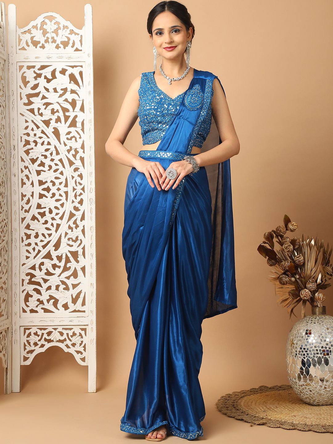 

Grancy Mirror Work Ready to Wear Leheriya Saree, Blue