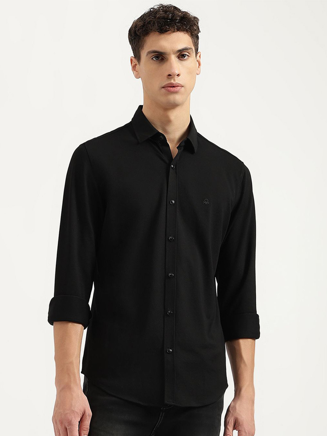 

United Colors of Benetton Men Spread Collar Solid Polycotton Casual Shirt, Black