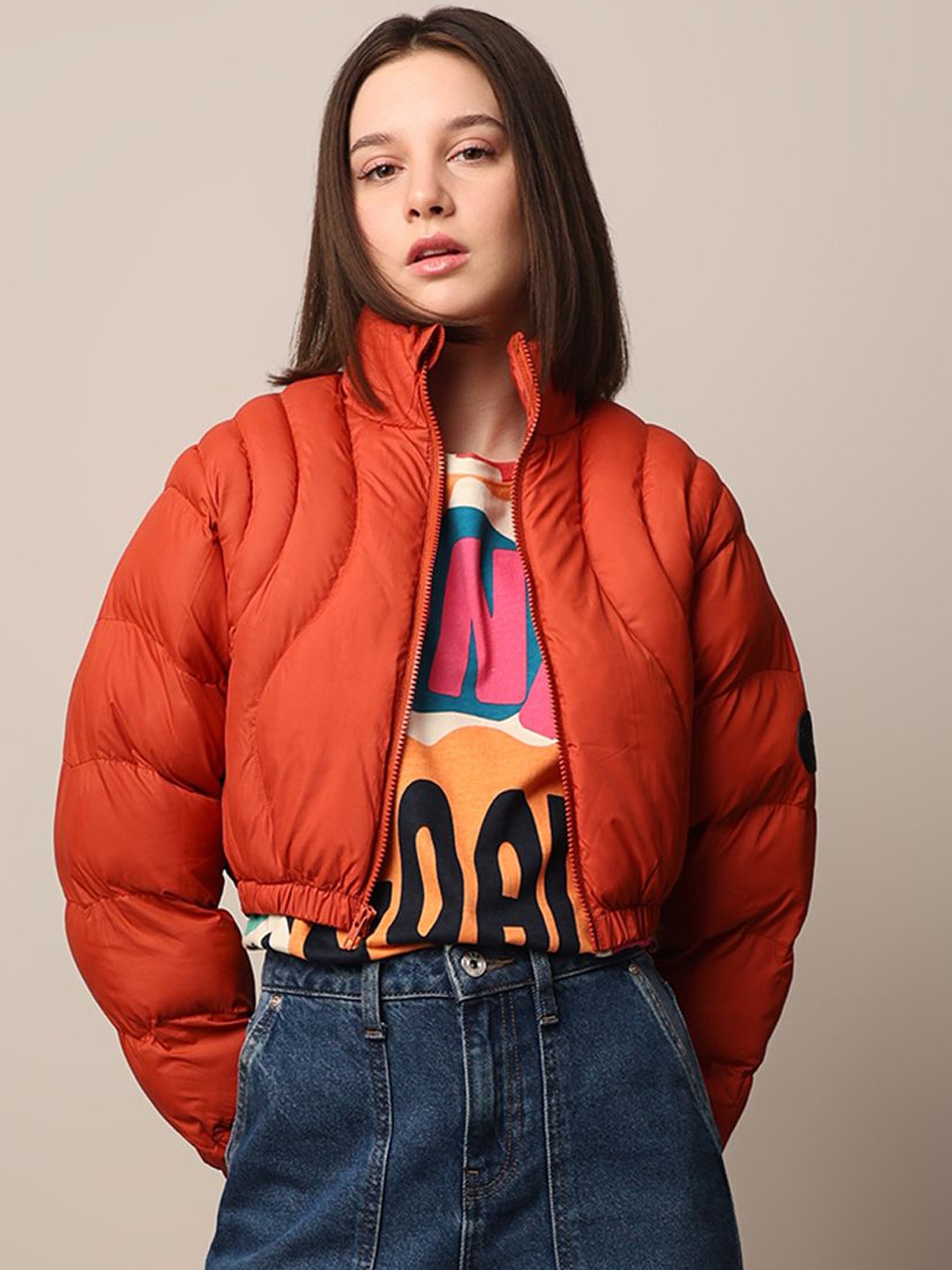 

ONLY Women Solid Crop Puffer Jacket, Orange