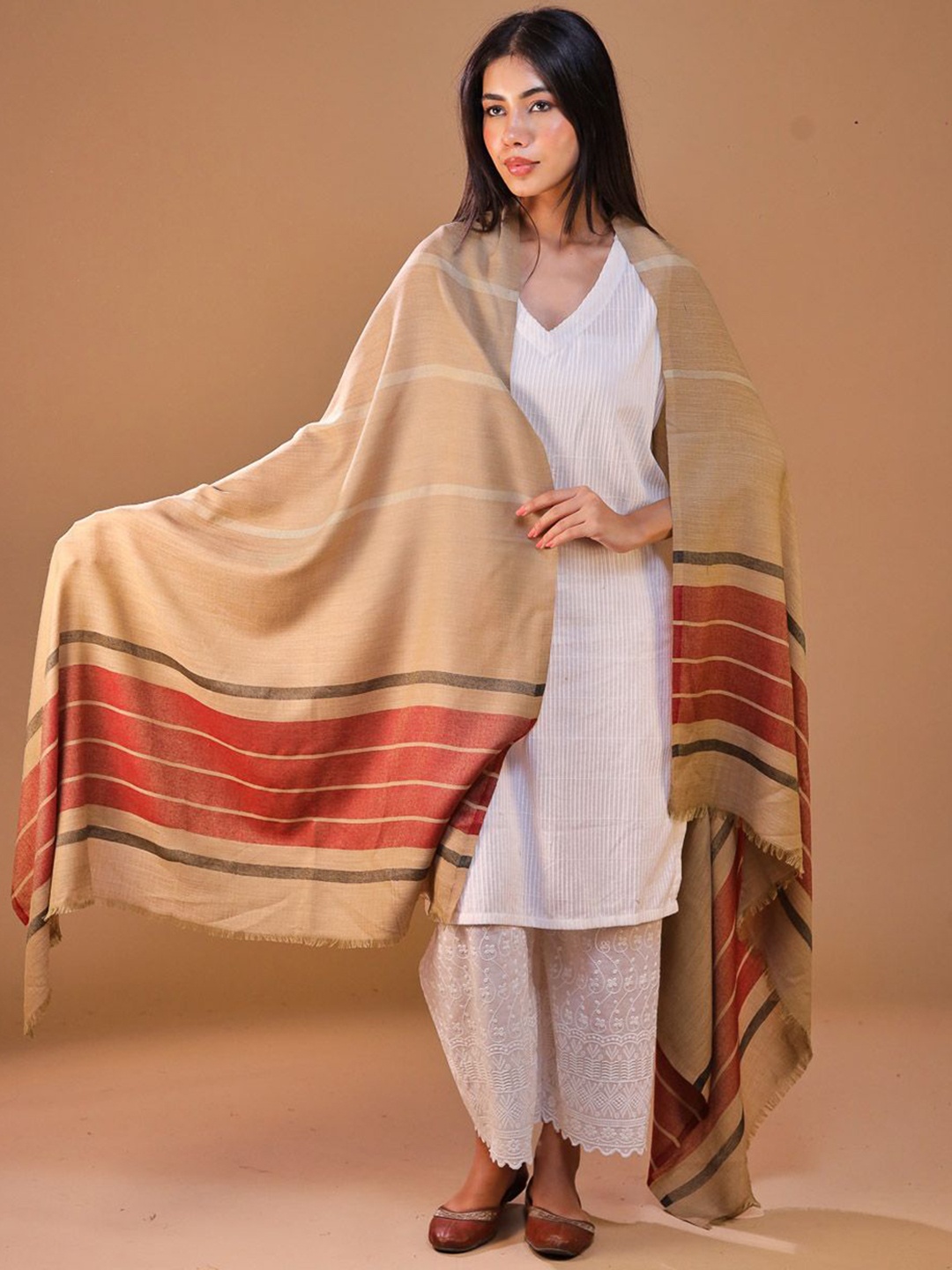 

SWI Stylish Striped Jamawar Woolen Shawl, Beige