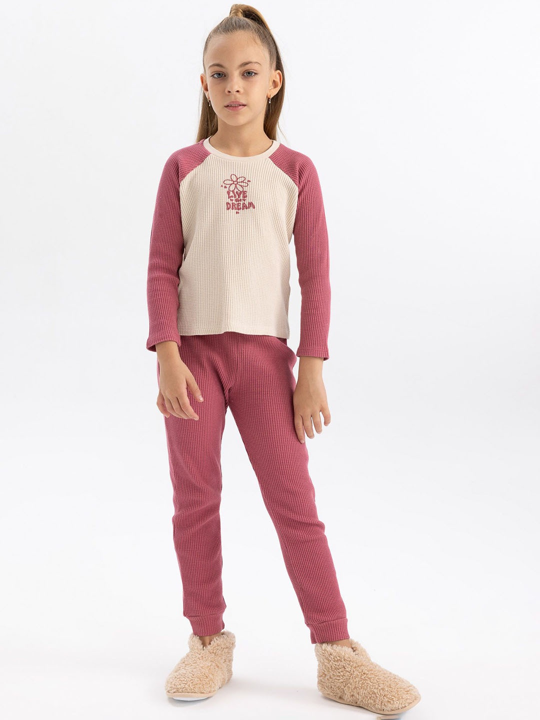 

DeFacto Girls Colourblocked Night Suit, Mauve