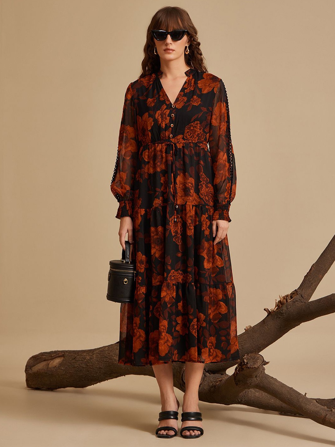 

Kazo Floral Printed Fit & Flare Midi Dress, Black