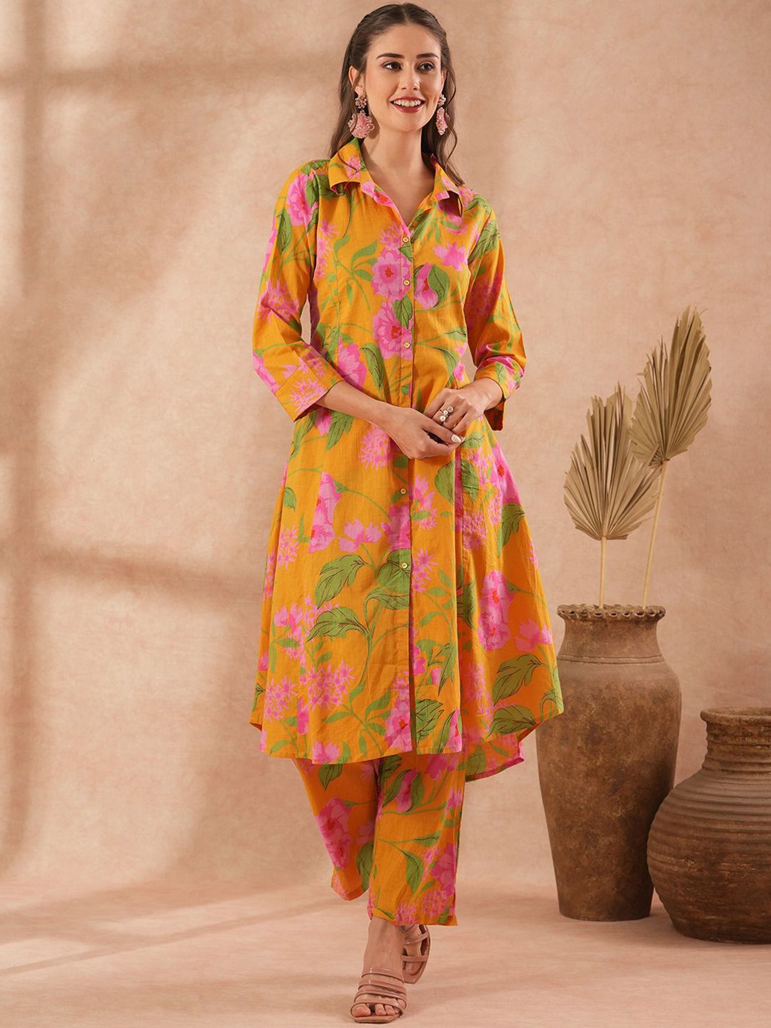 

FASHOR Floral Printed Pure Cotton Tunic With Trousers, Mustard