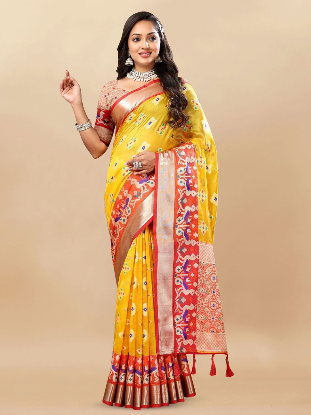 

MOKSHA DESIGNS Ethnic Motifs Woven Design Zari Pure Silk Banarasi Saree, Yellow