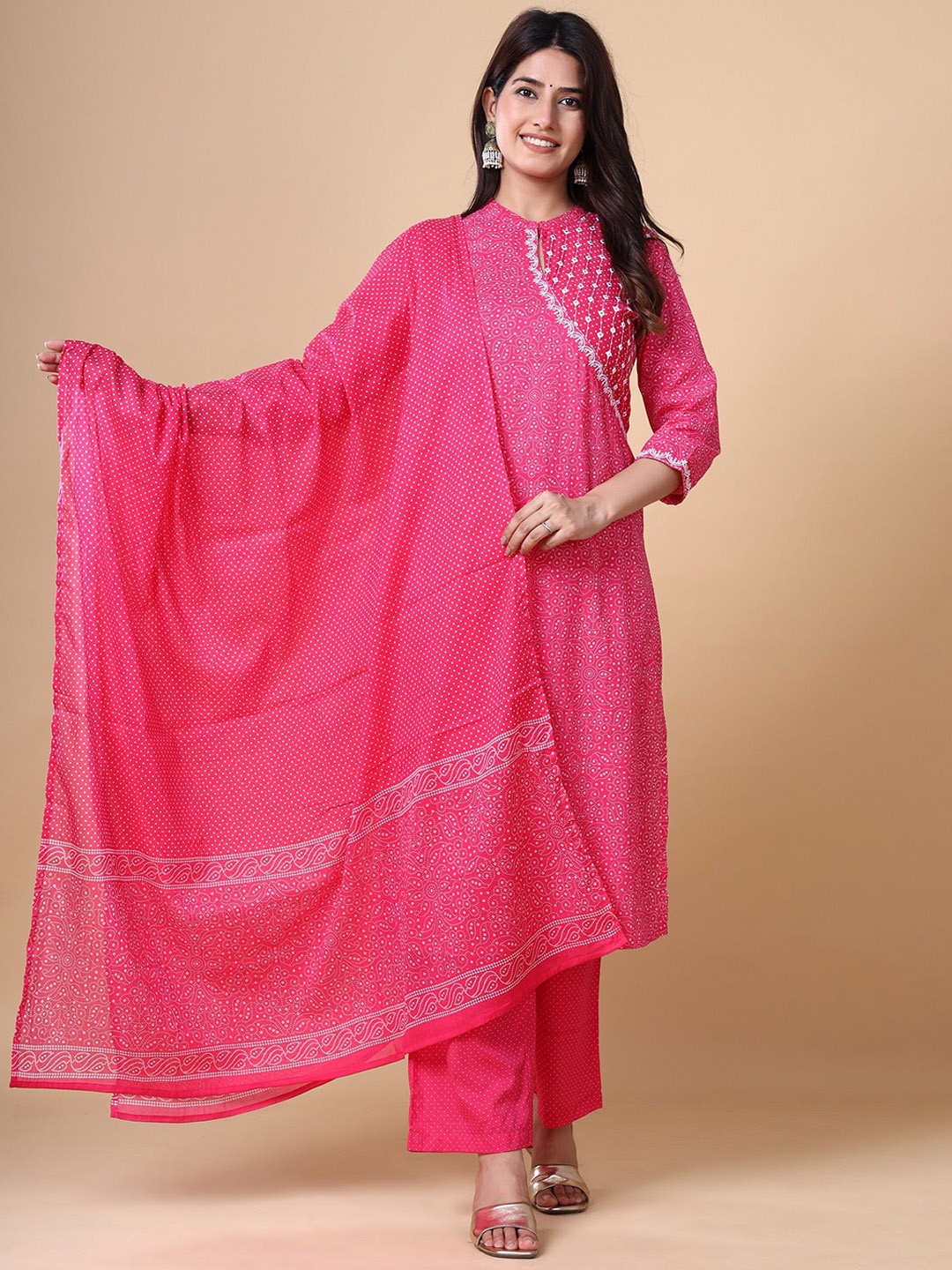 

VASVI Ethnic Motifs Embroidered Pure Cotton Straight Kurta & Palazzos With Dupatta, Pink
