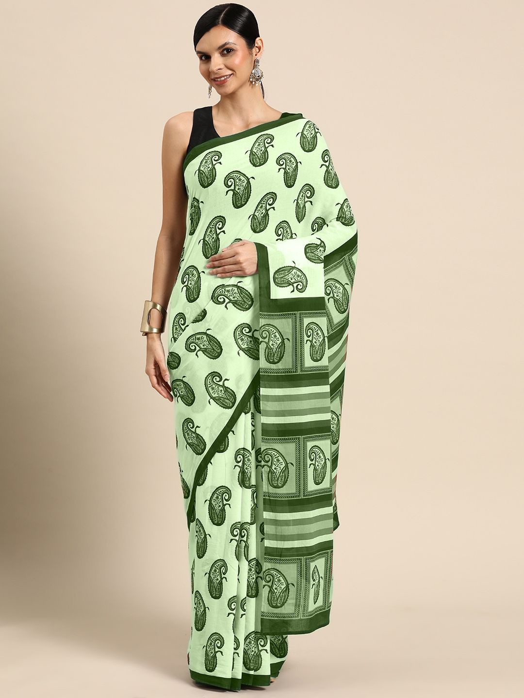 

BUTA BUTI Paisley Printed Pure Cotton Saree, Green