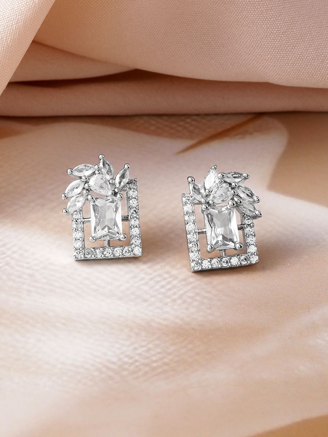 

Rubans Rhodium Plated White Cubic Zirconia Studded Geometric Stud Earrings, Silver