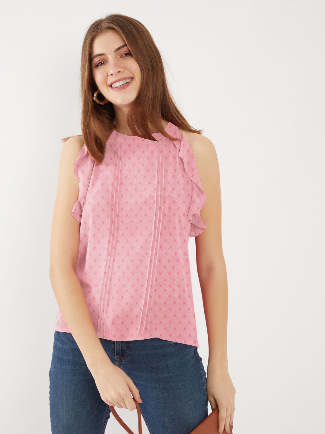 

Zink London Women Polka Dots Printed Round Neck Top, Pink