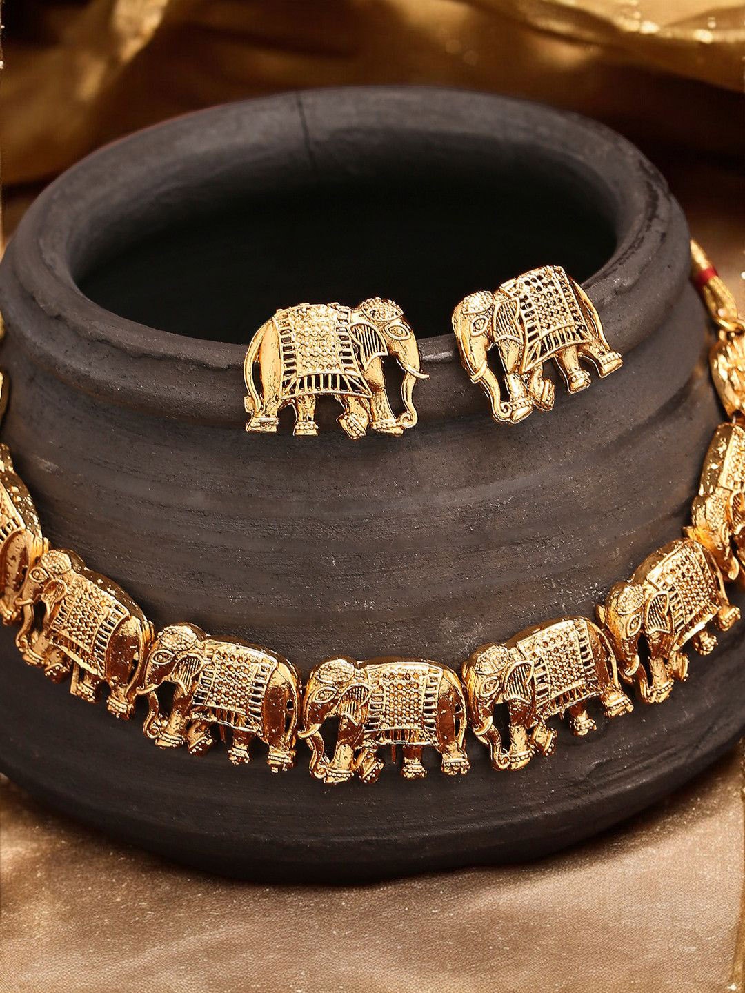 

Anouk Elephant Design & Choker Ethnic Temple Necklace and Earrings, Gold