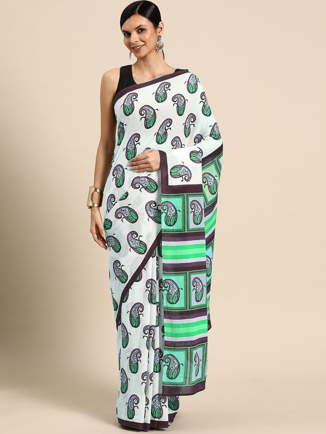 

BUTA BUTI Floral Pure Cotton Printed Saree, Green