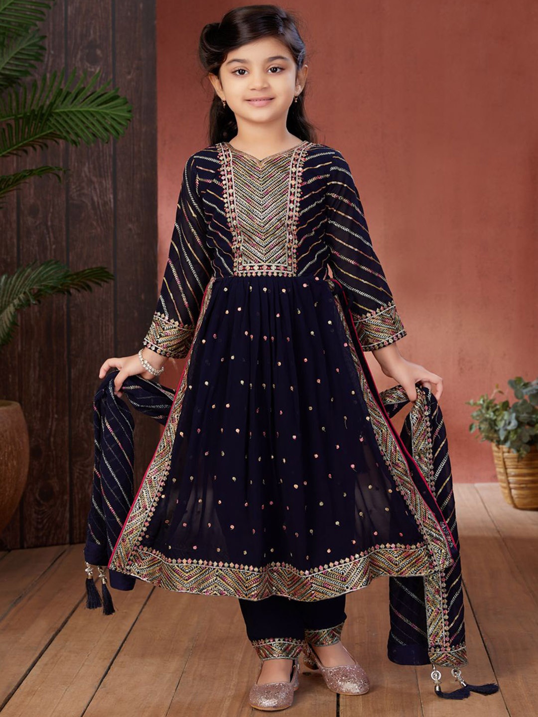 

Aarika Girls Floral Embroidered Thread Work Georgette Kurta With trousers & Dupatta, Navy blue