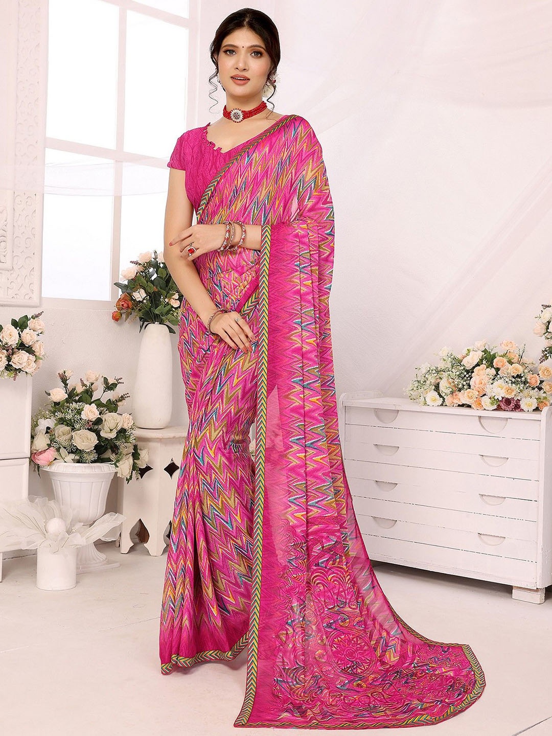 

KALINI Abstract Printed Leheriya Saree, Peach