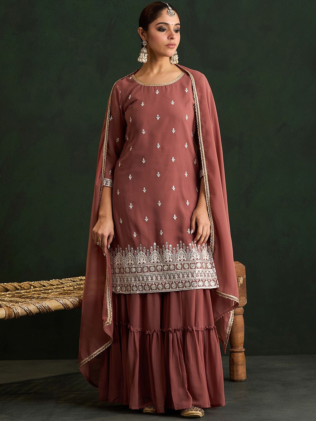 

Indo Era Floral Embroidered Thread Work Kurta With Sharara & Dupatta, Rust