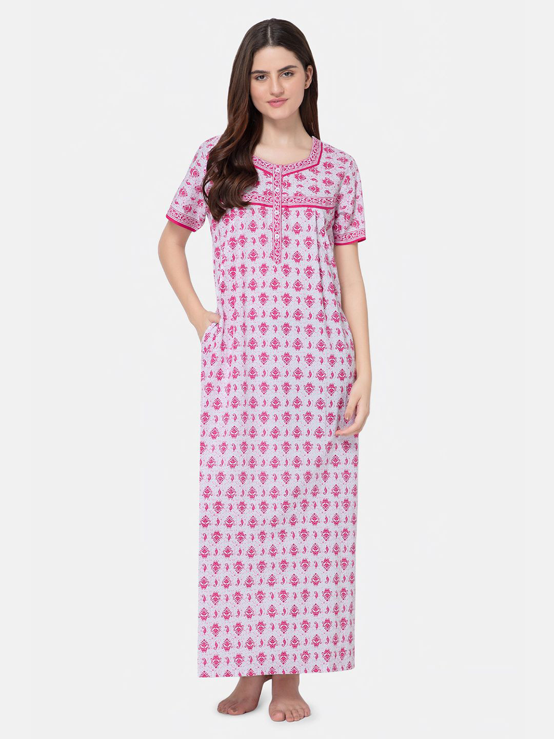 

NAIDU HALL Ethnic Motifs Printed Maxi Pure Cotton Nightdress, Pink