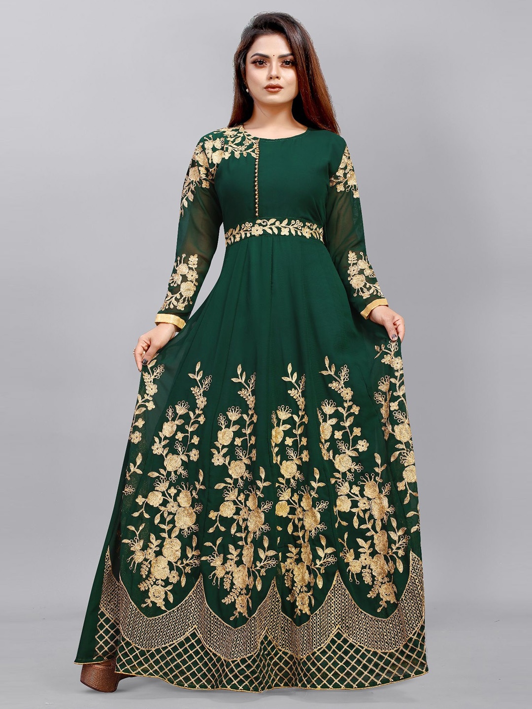 

Aika Ethnic Motifs Embroidered Georgette Fit & Flare Maxi Dress, Green