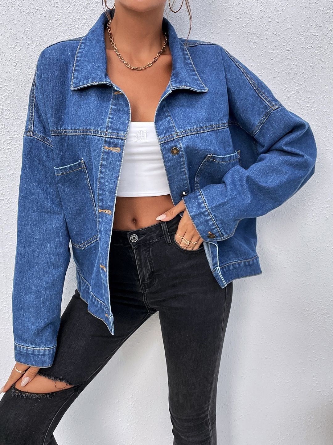 

KPOP Women Spread Collar Solid Denim Jacket, Blue