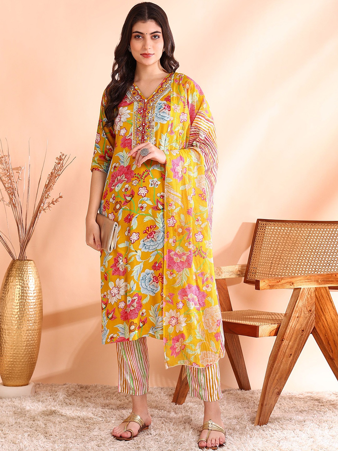 

Ode by House of Pataudi Printed Mirror Work Pure Cotton Kurta With Trouser & Dupatta, Mustard