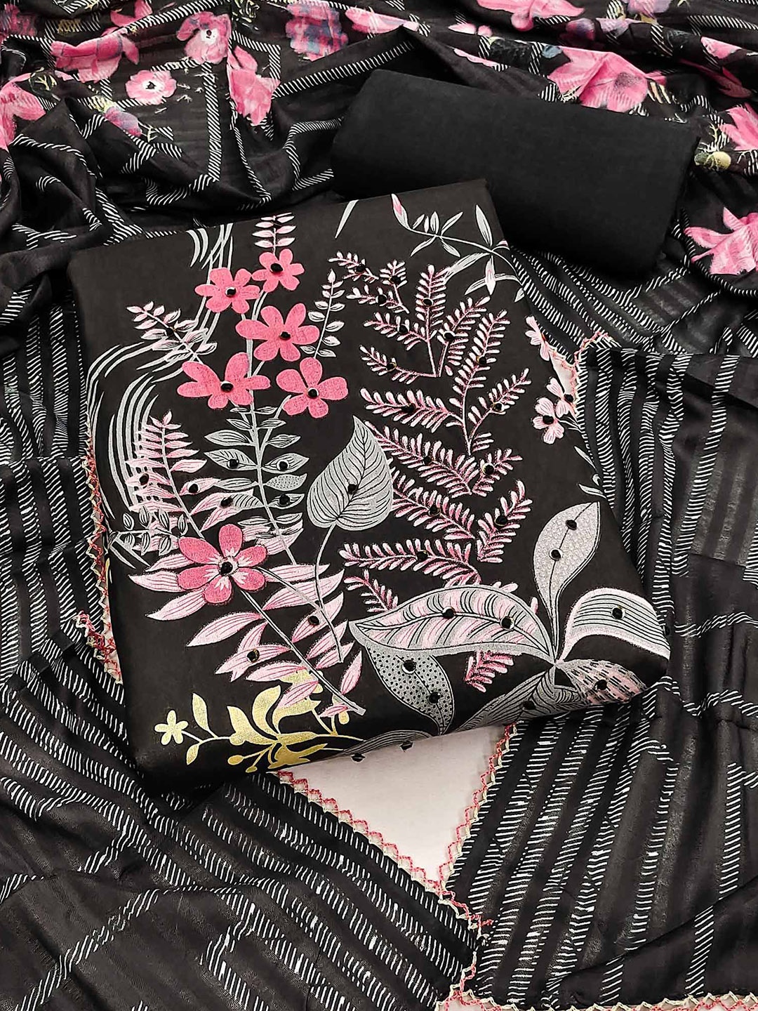 

Peachmode Floral Printed Beads & Stones Pure Cotton Unstitched Dress Material, Black