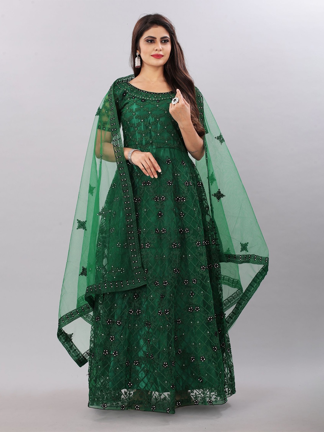 

Aika Embellished Embroidered Net Fit & Flare Maxi Dress, Green