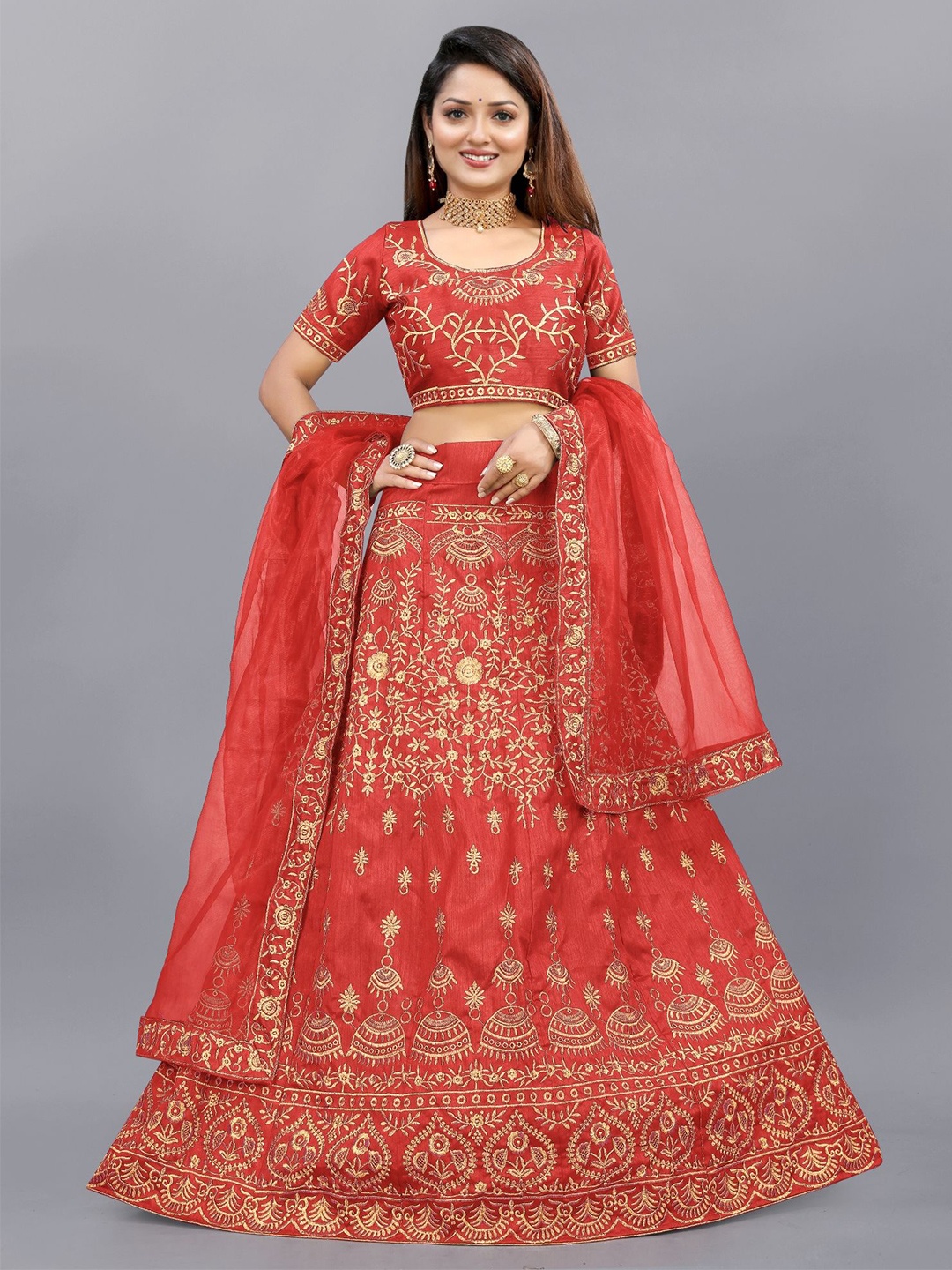 

APNISHA Embroidered Semi Stitched Lehenga & Unstitched Blouse With Dupatta, Red