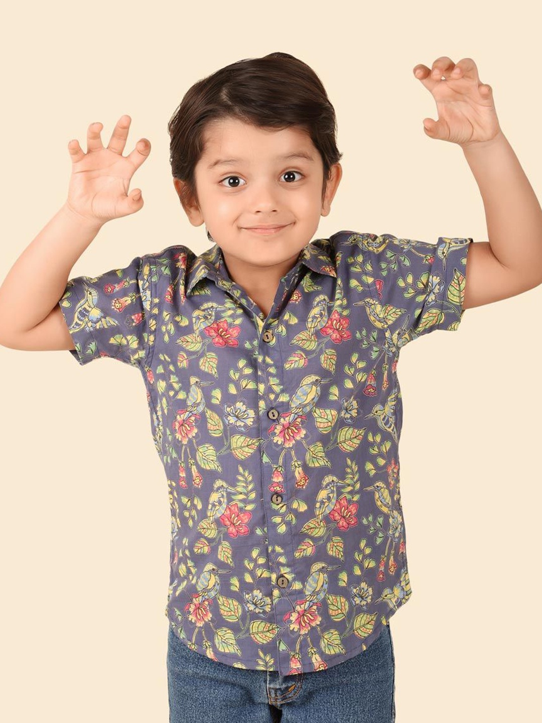 

Fabindia Boys Spread Collar Floral Printed Cotton Casual Shirt, Blue