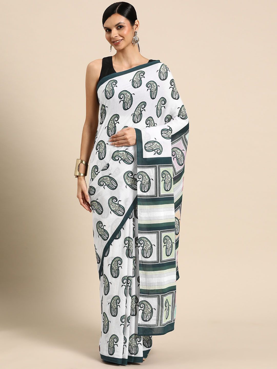 

BUTA BUTI Paisley Printed Pure Cotton Saree, Green