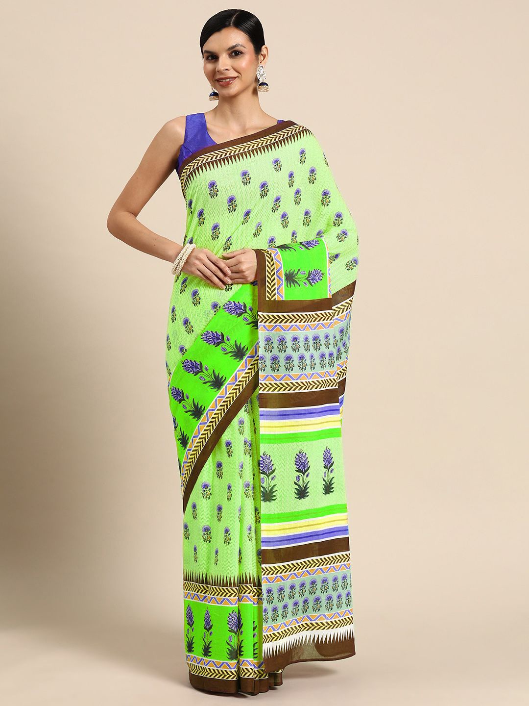 

BUTA BUTI Floral Printed Pure Cotton Saree, Green